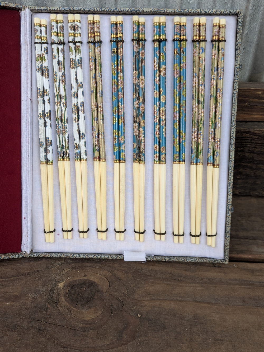 Vintage Enamel And Cloisonne Chopsticks In Silk Box.
